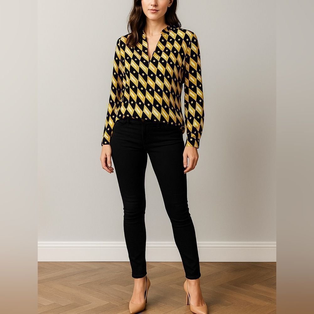 Joie Geometric Diamond Black Gold Print Pattern Split Neck Blouse Sz S